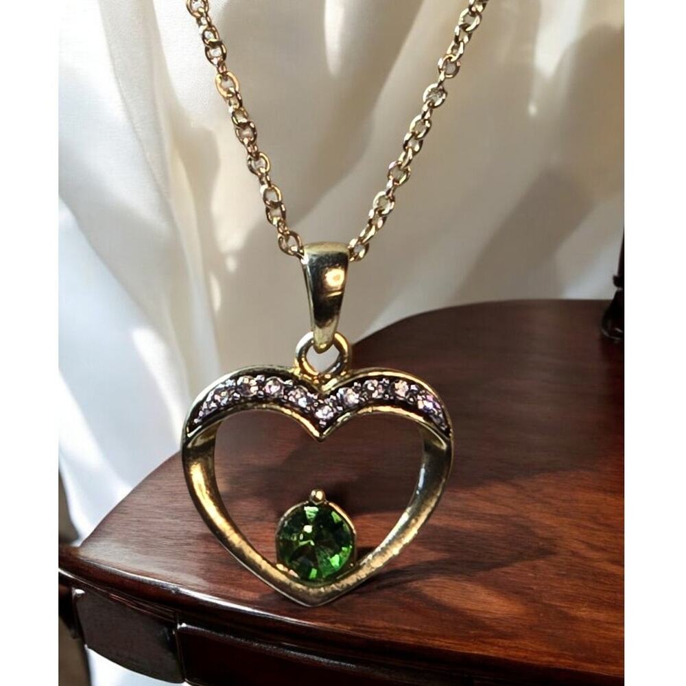 Gold Heart Pendant Necklace with Green Gem — Romantic Minimalist